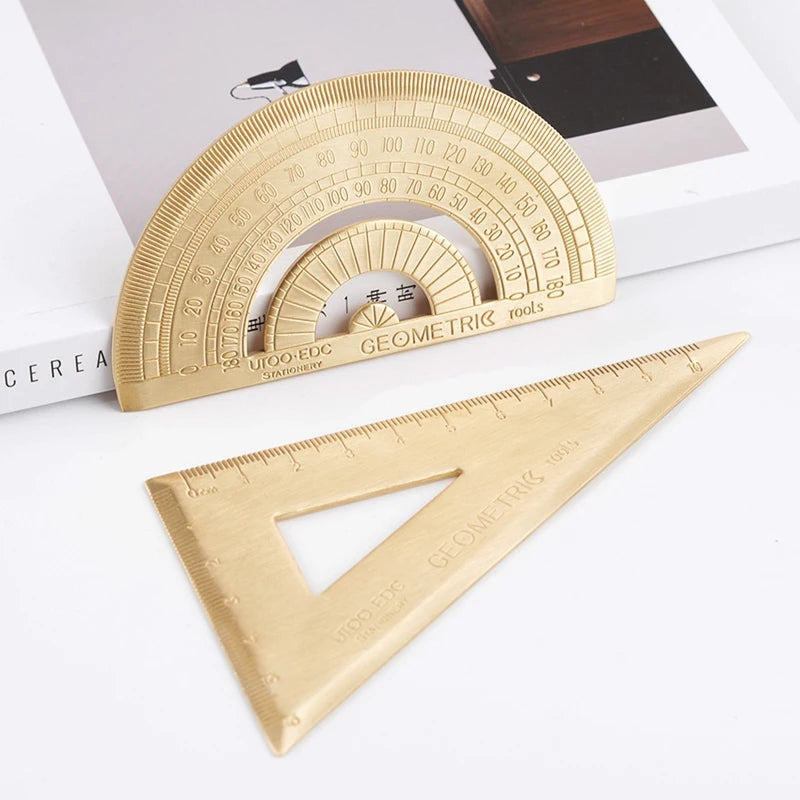 Vintage Brass Straight Ruler Creative Metal Triangle Ruler Protractor Stationery Measuring Tool School Supplies Multiple Lengths