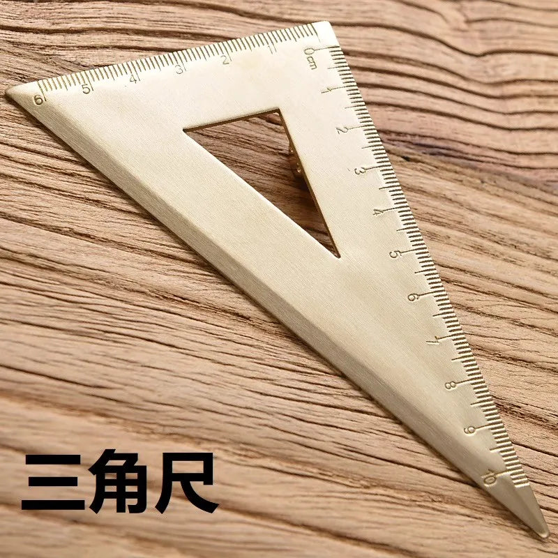 Vintage Brass Straight Ruler Creative Metal Triangle Ruler Protractor Stationery Measuring Tool School Supplies Multiple Lengths