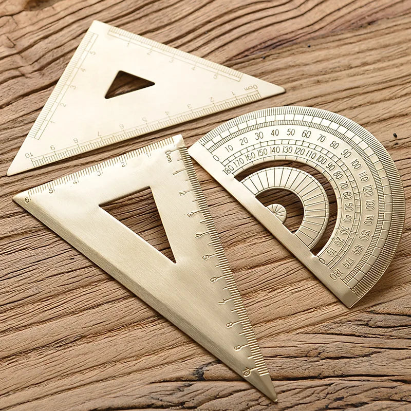 Vintage Brass Straight Ruler Creative Metal Triangle Ruler Protractor Stationery Measuring Tool School Supplies Multiple Lengths