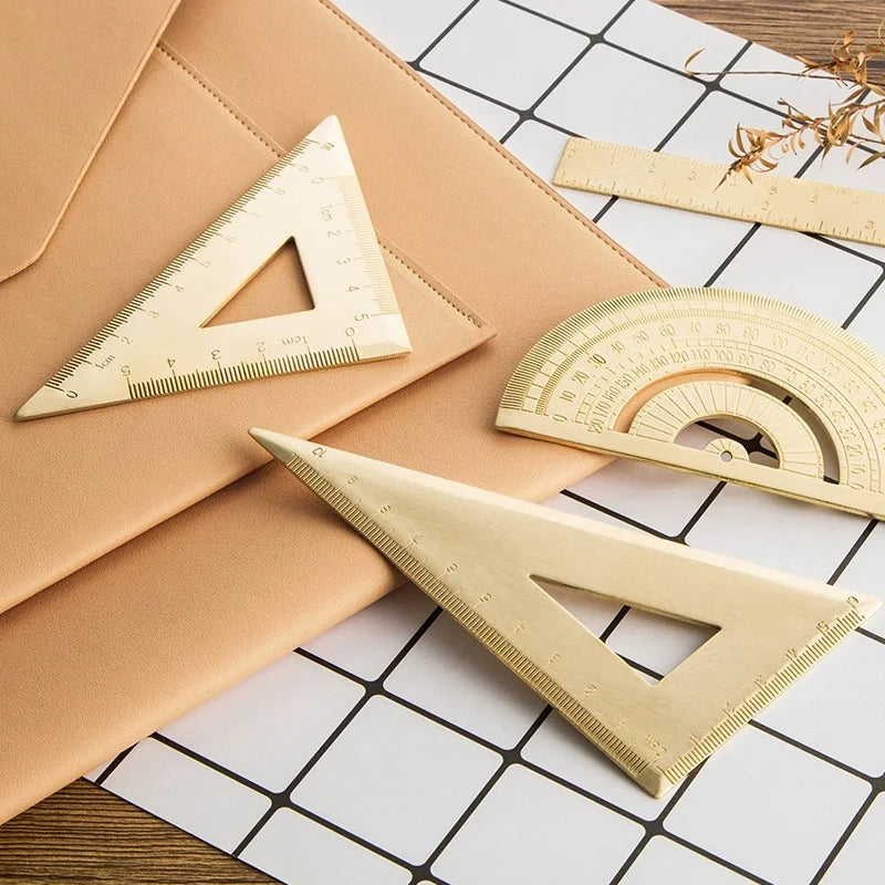 Vintage Brass Straight Ruler Creative Metal Triangle Ruler Protractor Stationery Measuring Tool School Supplies Multiple Lengths